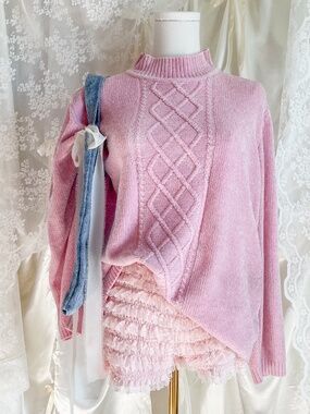 Coquette Pink Cable Knit Mock Neck Sweater